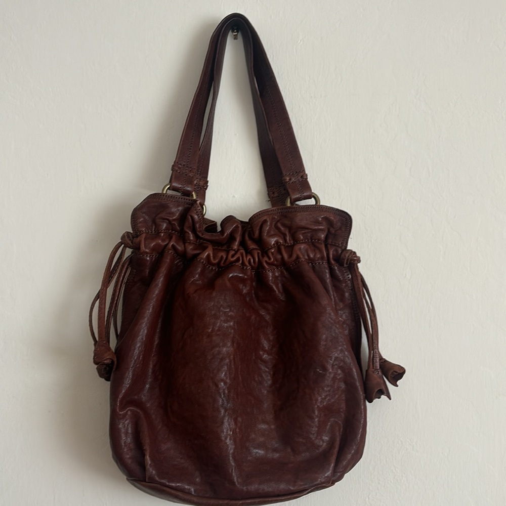 Lucky Brand Italian Brown Leather Tulip Drawstring Shoulder Bag Purse Tote - Picture 3 of 11